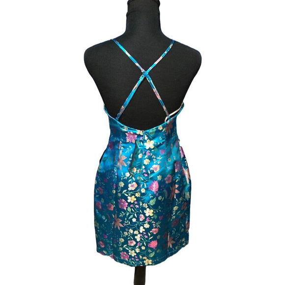 Lulus Iridescent Satin Floral Dress Blue Small Y2K Prom Party Slip Colorful NWT - Picture 2 of 8